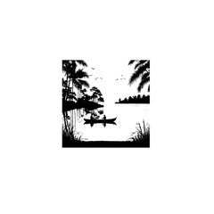 A small wooden rowboat lies peacefully on a calm, teal-colored lake, encircled by dense trees cloaked in mist. The atmosphere conveys a feeling of calmness and serene solitude, a foggy morning in the 