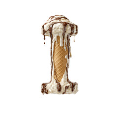 Melting ice cream cone with chocolate drizzle forming the letter I, symbolizing indulgence and sweet treats