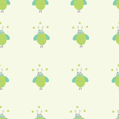 Seamless pattern with cute cartoon bug with antlers and wings. Whimsical and colorful insect character with stars. Perfect for kids’ designs, fabric prints, wallpapers