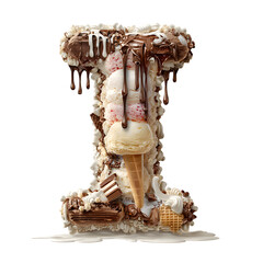 Decadent ice cream alphabet letter I crafted from scoops, cones, chocolate, and whipped cream, melting and dripping deliciously.