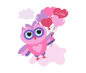 Cartoon owl with shape heart balloons. Bird, animal. Cute bright holiday card, banner with space for text. Valentine's Day, birthday, wedding.