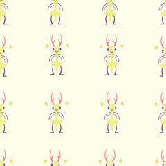 Seamless pattern with cute cartoon bug with antlers and wings. Whimsical and colorful insect character with stars. Perfect for kids’ designs, fabric prints, wallpapers