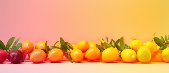 Close-up of fresh ripe lemons and limes with green leaves on a pink and yellow gradient background.