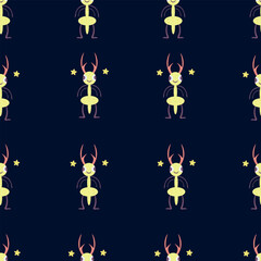 Seamless pattern with cute cartoon bug with antlers and wings. Whimsical and colorful insect character with stars. Perfect for kids’ designs, fabric prints, wallpapers
