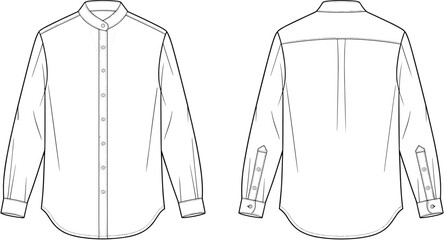 Front and back view of mandarin collar shirt, full button placket, fashion flat sketch, cad technical vector drawing design