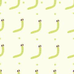 Seamless pattern with cute cartoon bug with antlers and wings. Whimsical and colorful insect character with stars. Perfect for kids’ designs, fabric prints, wallpapers