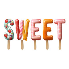 Colorful alphabet ice pops spelling the word SWEET, each pop uniquely decorated with fruit and candy textures, perfect for summer or dessert themes