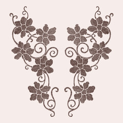 brown embroidery flower with curly ornament for fashion textile, vector illustration