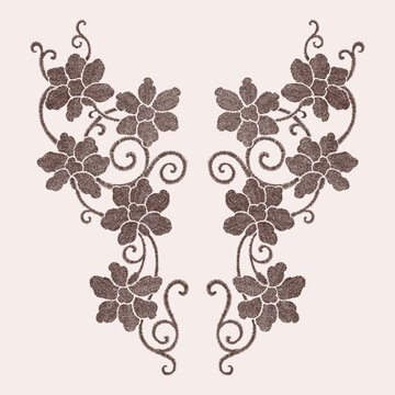 brown embroidery flower with curly ornament for fashion textile, vector illustration