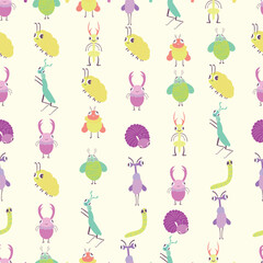 Seamless pattern with cute cartoon bug with antlers and wings. Whimsical and colorful insect character with stars. Perfect for kids’ designs, fabric prints, wallpapers