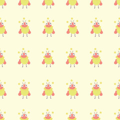 Seamless pattern with cute cartoon bug with antlers and wings. Whimsical and colorful insect character with stars. Perfect for kids’ designs, fabric prints, wallpapers