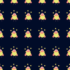 Seamless pattern with cute cartoon bug with antlers and wings. Whimsical and colorful insect character with stars. Perfect for kids’ designs, fabric prints, wallpapers