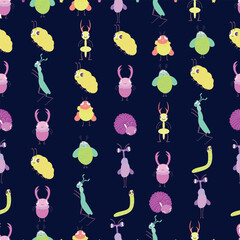 Seamless pattern with cute cartoon bug with antlers and wings. Whimsical and colorful insect character with stars. Perfect for kids’ designs, fabric prints, wallpapers