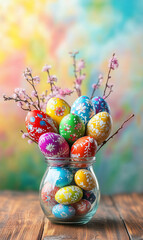 Many colorful Easter eggs in large glass vase on wooden table with bright background