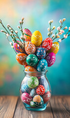 Many colorful Easter eggs in large glass vase on wooden table with bright background