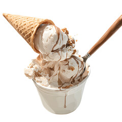 Delicious vanilla ice cream with chocolate drizzle and nuts in a cone and cup with a spoon, a sweet treat for a summer day