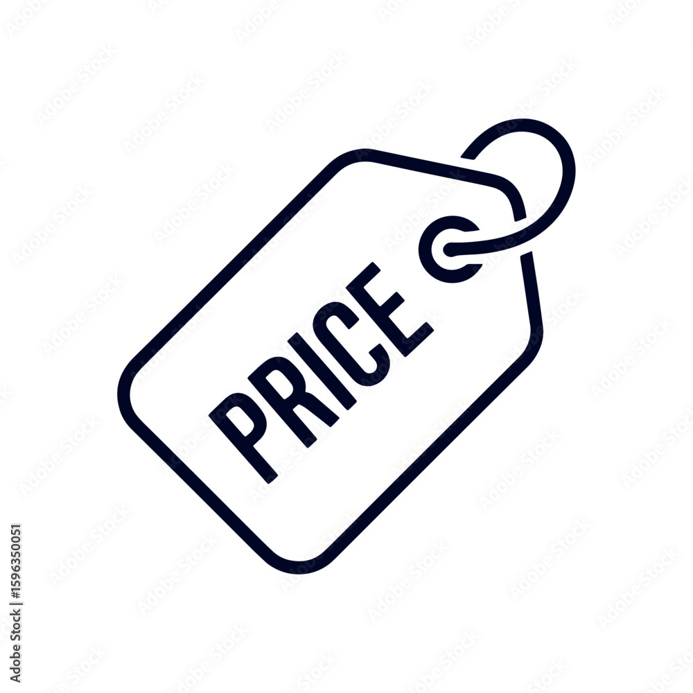 Poster price tag icon design featuring bold lettering and simple rounded rectangle with loop at the top cor