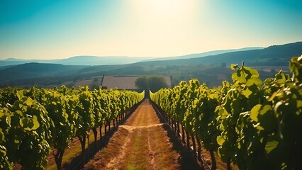 Serene vineyard landscape with orderly grapevine rows under natural sunlight, evoking tranquility and growth.
