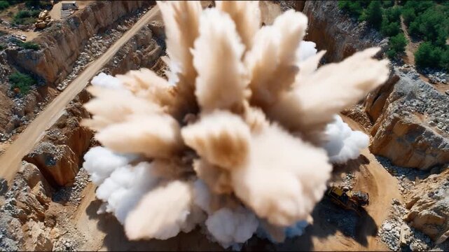Blasting Scene: A high-angle perspective captures the earth-shattering moment of an explosion, clouds of dust and debris. a testament to power, disruption, and nature's raw force.