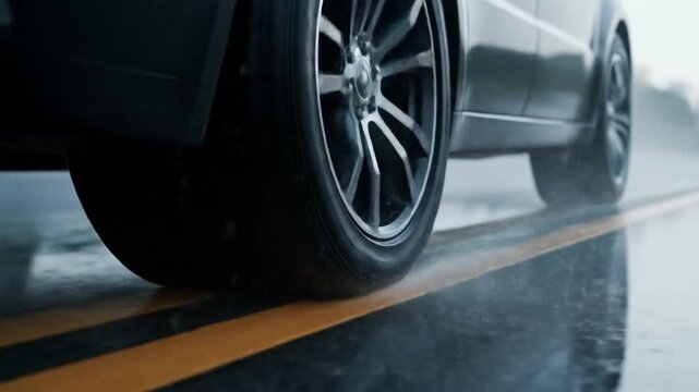 Car Tire Driving on Wet Road in Rainy Weather Slow Motion