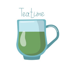 Glass tea cup. Tea party, green, herbal tea. Hand lettering, tea time. Hot healthy drink. Flat icon for cafe and restaurant menu design, isolated background.