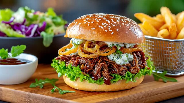Delicious pulled beef sandwich with fries