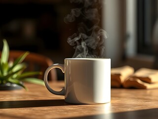Mug mockup on table with warm lighting and steam effect