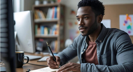 A focused man takes notes in a notebook during a video call, capturing a moment of calm productivity in his naturally lit home office with a soft-focus bookshelf in the background.