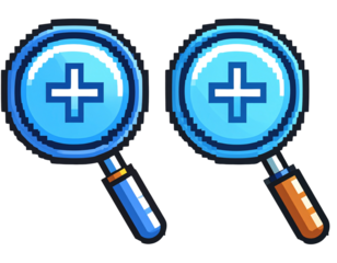 Dual Zoom In and Zoom Out Icons in Pixel Art Style, Side-by-Side Arrangement, Transparent Background PNG