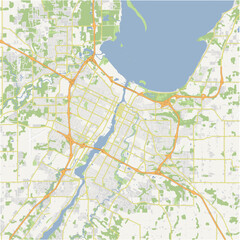Map of Green Bay in Wisconsin in a normal road map style. Contains layered vector with roads water, parks, etc.