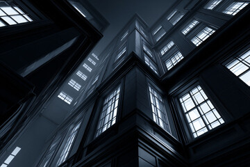 Fototapeta premium Architectural view of a modern building from a low-angle perspective, with multiple windows that are illuminated. The building exhibits a strong sense of symmetry and visual depth. 
