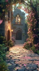 Fototapeta premium Walking Path to Stone Building with Flowers and Sunlight