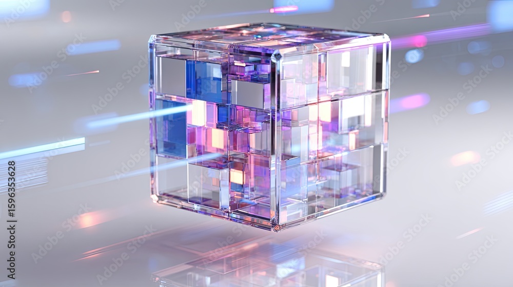 Poster abstract glass cube with glowing internal structure and digital data streams