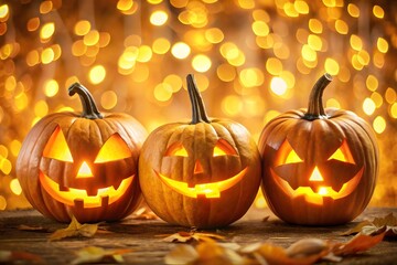 Fototapeta premium Three glowing jack o lanterns on a fall evening