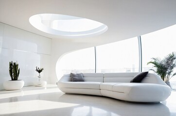 Fototapeta premium A white couch is in a room with a window