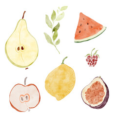 Watercolor set of fresh watermelon, lemon, fig, pear and apple. Hand-drawn ripe fruits isolated on white background. Tasty food illustration for design, print, fabric or background.