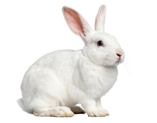 Fototapeta premium - Cute White Bunny Sitting Upright, Side View, Transparent Background PNG