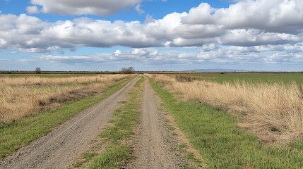 A dirt road stretches into a vast, flat landscape under a partly cloudy sky.  Dry grasses line the path, contrasting with patches of green.  A sense of openness and tranquility pervades the scene