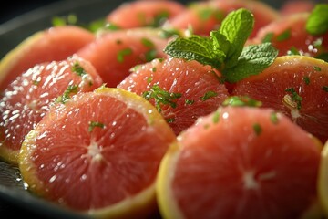 A close-up of grapefruit salad with mint, captured in cinematic lighting with lifelike colors, vibrant textures, and natural reflections that enhance the beauty and realism of the dish.