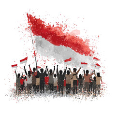 Watercolor Crowd Celebrating with Indonesian Flags Red and White Patriotic.