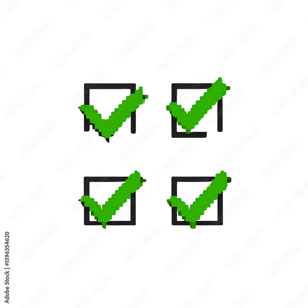 Poster pixel art checklist icon with blocky checkmarks and retro interface look, transparent background png