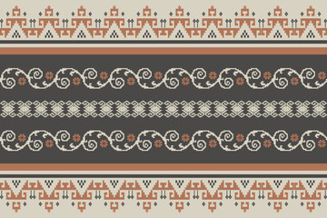 Traditional pixel-style ethnic textile pattern with geometric tribal motifs in brown, beige, and black tones, perfect for backgrounds or fabric designs.