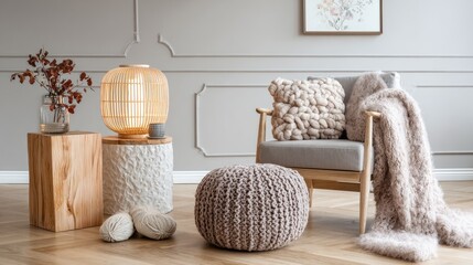 Cozy Living Room Interior with Neutral Tones and Knitted Textures