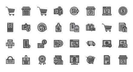 E-commerce and online shopping icons; grayscale, various symbols.