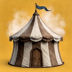 Big Top Circus Tent with Wavy Flag and Smoke Effects on Yellow Background