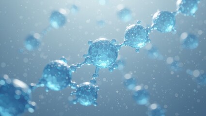 A stunning 3D visualization of a peptide complex molecule, featuring luminous silver-blue spheres interconnected in a chain, illuminated by gentle foggy light for a scientific aesthetic.