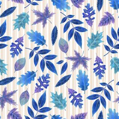 Seamless pattern with a variety of autumn leaf silhouettes in blue tones on a soft beige striped background. Ideal for seasonal fabric, wrapping paper, scrapbooking, stationery, fall-themed decoration