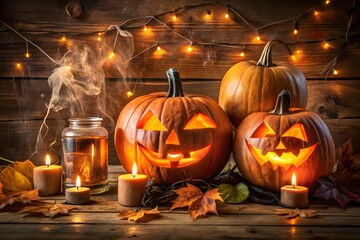 Fototapeta premium Glowing jack o lanterns and candles on a rustic wooden surface