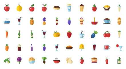 Colorful flat-design icons depicting a diverse range of food and drinks.