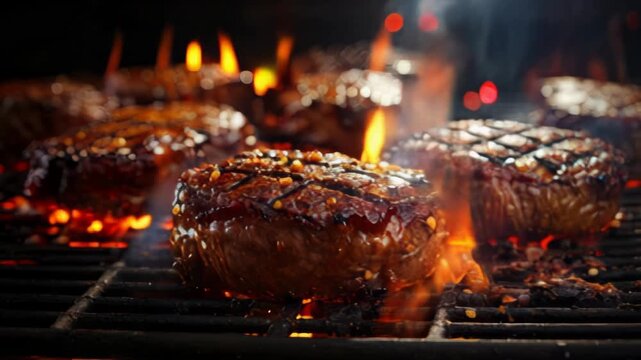colorful, tasty meat burger with fire in background, fast food concept